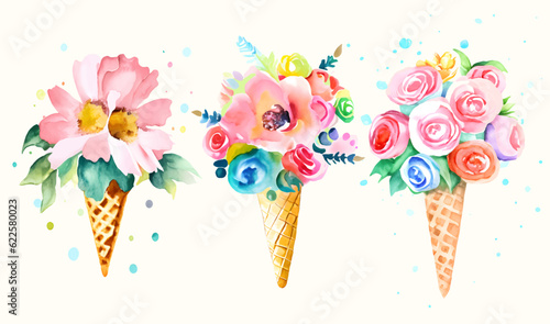 Set watercolor illustration of a bouquet of pink flowers in a waffle cone