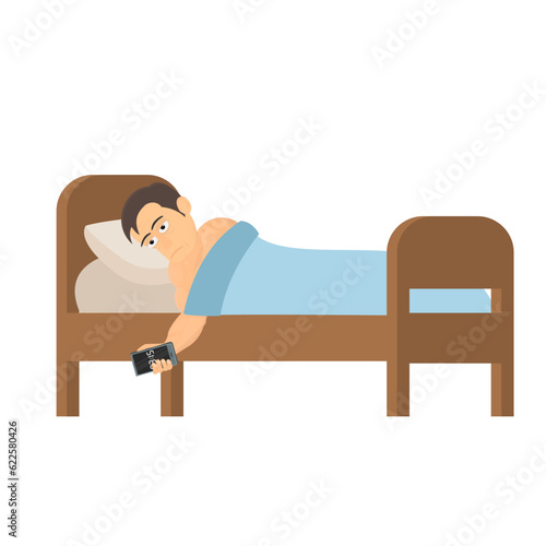 Insomnia. Man in bed can't fall asleep, vector illustration