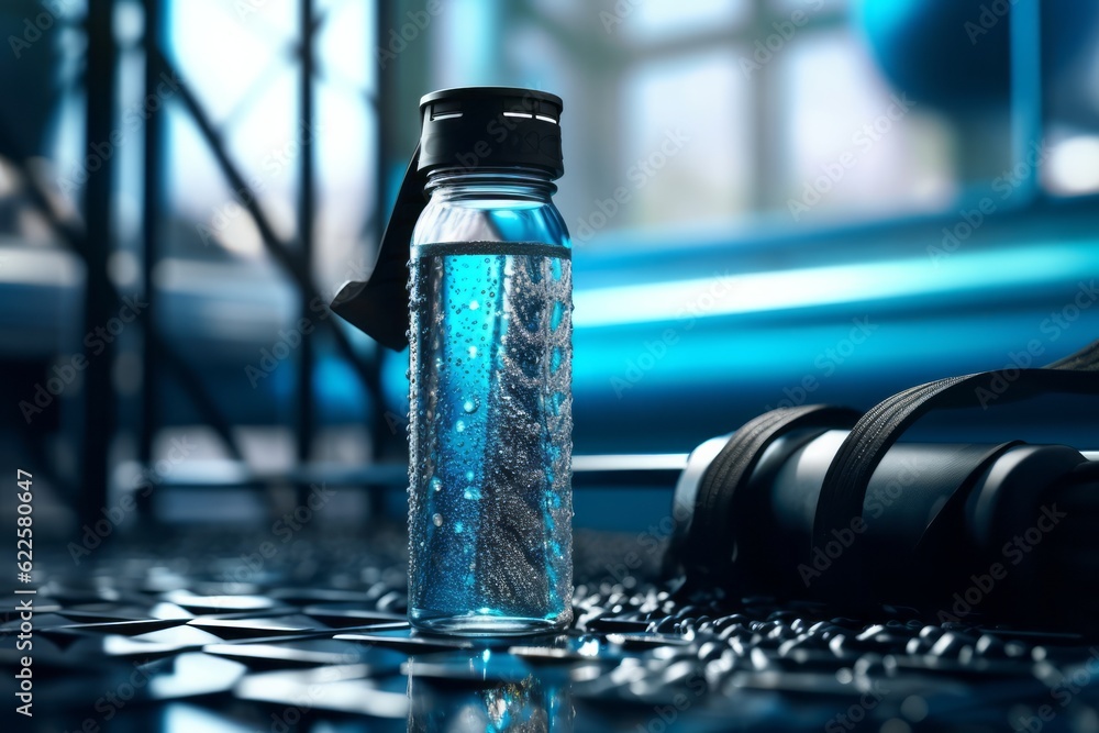 A stylishly designed water bottle filled with mineral water, accompanied by a fitness tracker and workout accessories, representing the intersection of hydration and a healthy lifestyle. Generative Ai A stylishly designed water bottle filled with mineral water, accompanied by a fitness tracker and workout accessories, representing the intersection of hydration and a healthy lifestyle. Generative Ai
