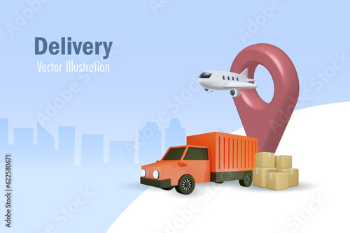 Shipment delivery and logistic distribution. Carton boxes with delivery transportation by truck and airplane. Supply chain network connecting, import export and shipping freight. 3D vector.