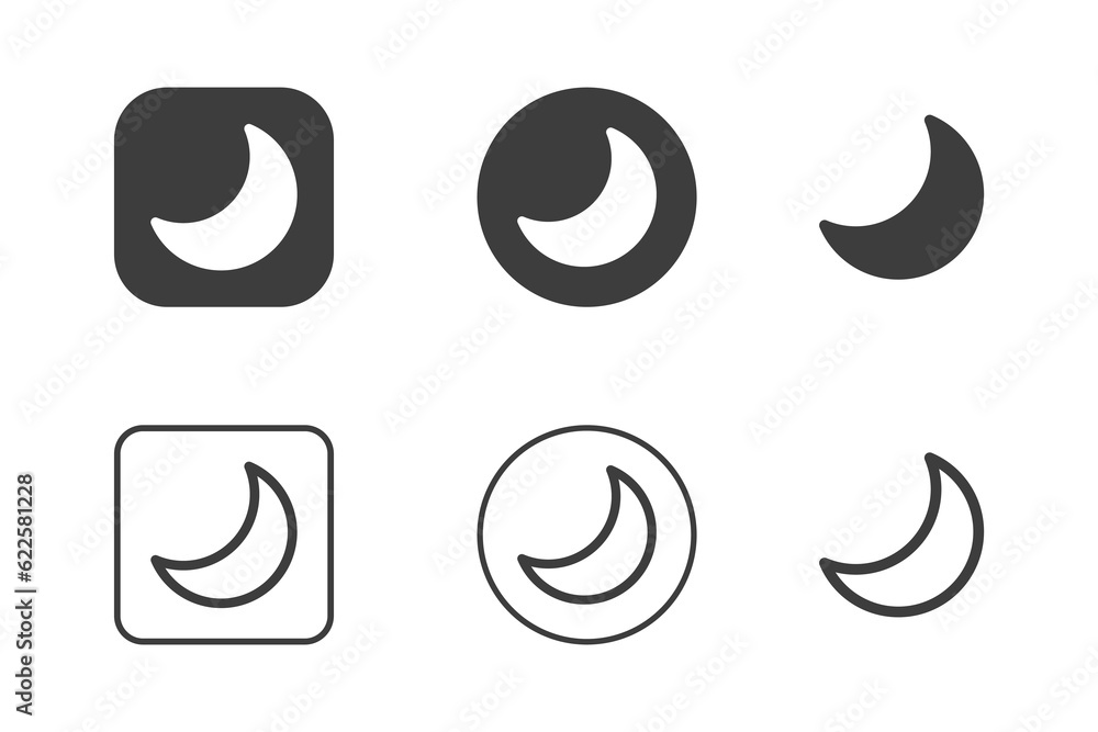 Crescent moon icon design 6 variations. Travel icons set, Isolated on white background. Crescent moon icon design 6 variations. Travel icons set, Isolated on white background.