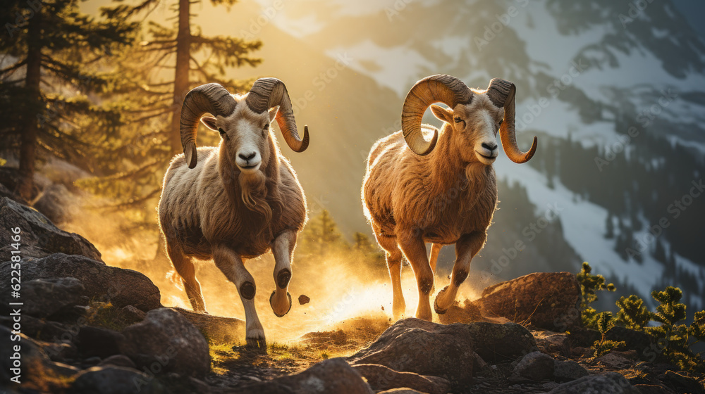 Two rams in the mountains created with generative AI technology - obrazy, fototapety, plakaty 