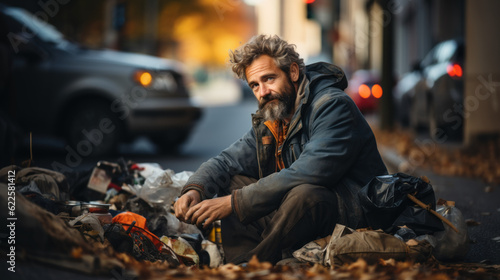 Homeless man sitting on the street created with generative AI technology