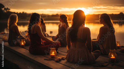 Group meditation and yoga classes on the beach created with generative AI technology