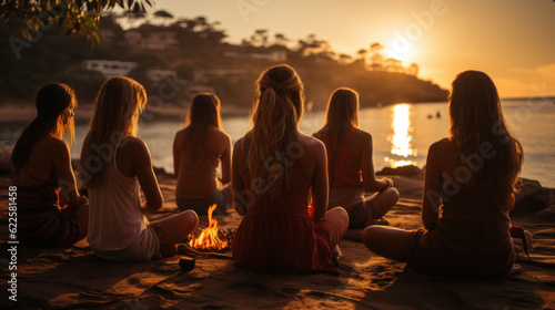 Group meditation and yoga classes on the beach created with generative AI technology