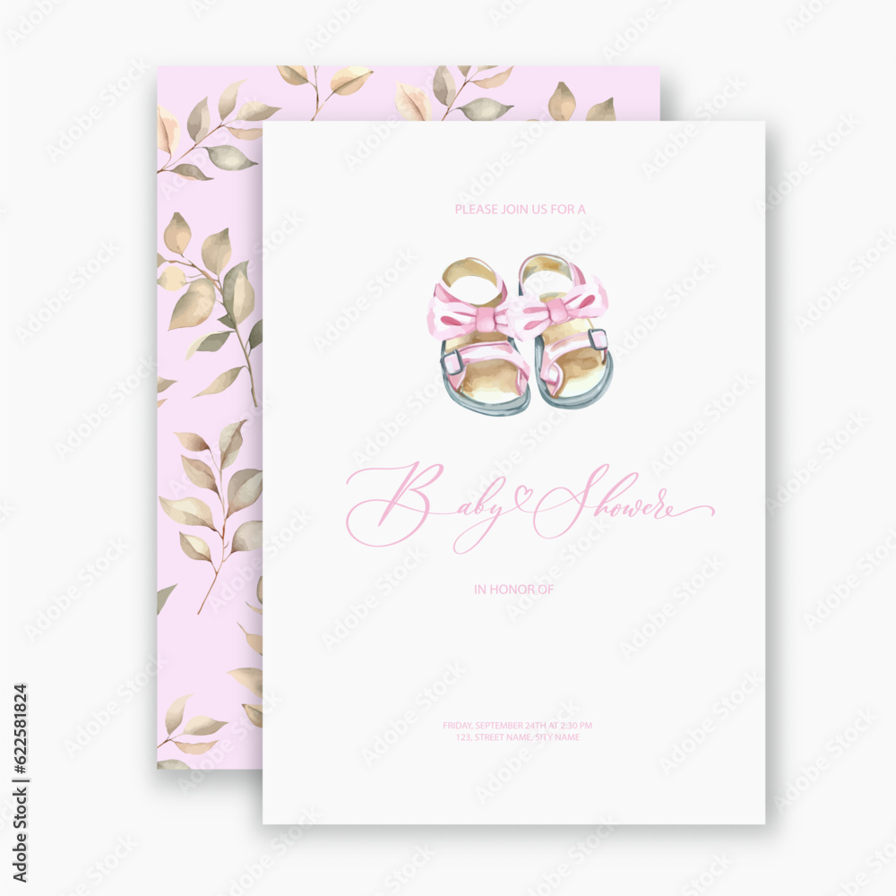 Cute baby shower watercolor invitation card for baby and kids new born celebration with baby shoes.