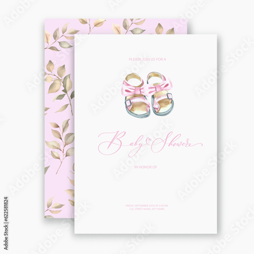 Cute baby shower watercolor invitation card for baby and kids new born celebration with baby shoes.