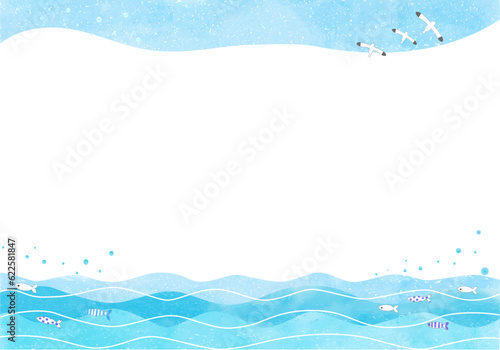 水彩調の波と空のやさしいブルーフレーム　魚とカモメ