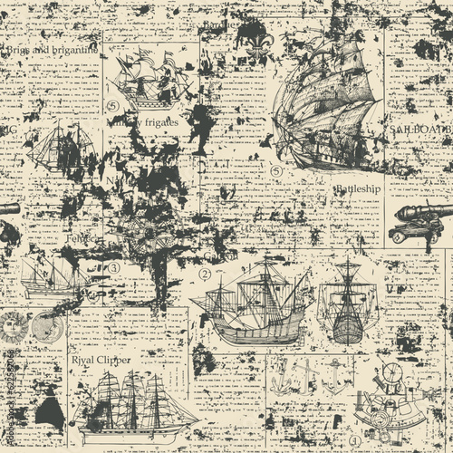 seamless vector pattern background with drawings on the theme of sailing ships and sea travel and adventure. magazine or newspaper page. suitable for wallpaper  wrapping paper. Grunge texture