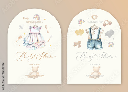 Cute baby shower watercolor invitation card for baby and kids new born celebration with baby dress and toys.