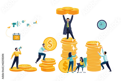 Goals and objectives, business grow and plan concept. Targeting, marketing, business mission concept. People planning strategy for success, leadership. High earnings, cash reward, top of gold coins