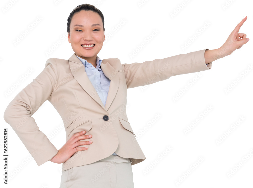 Digital png photo of happy asian businesswoman showing index finger on transparent background Digital png photo of happy asian businesswoman showing index finger on transparent background
