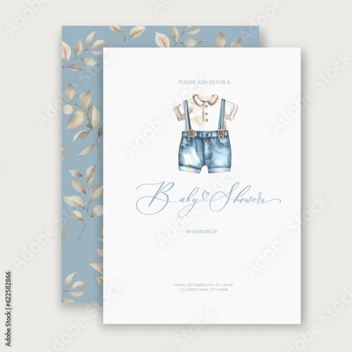 Cute baby shower watercolor invitation card for baby and kids new born celebration with baby clothes.