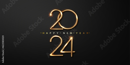 2024 golden number on black background. Greeting New year design with realistic gold metal number of year.
