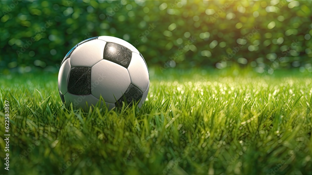 Soccer ball on green grass field background with copy space for text
