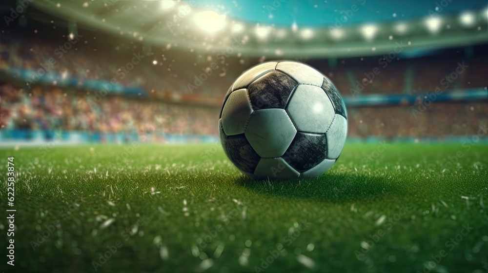 Soccer ball on the field of the stadium. 3D rendering.