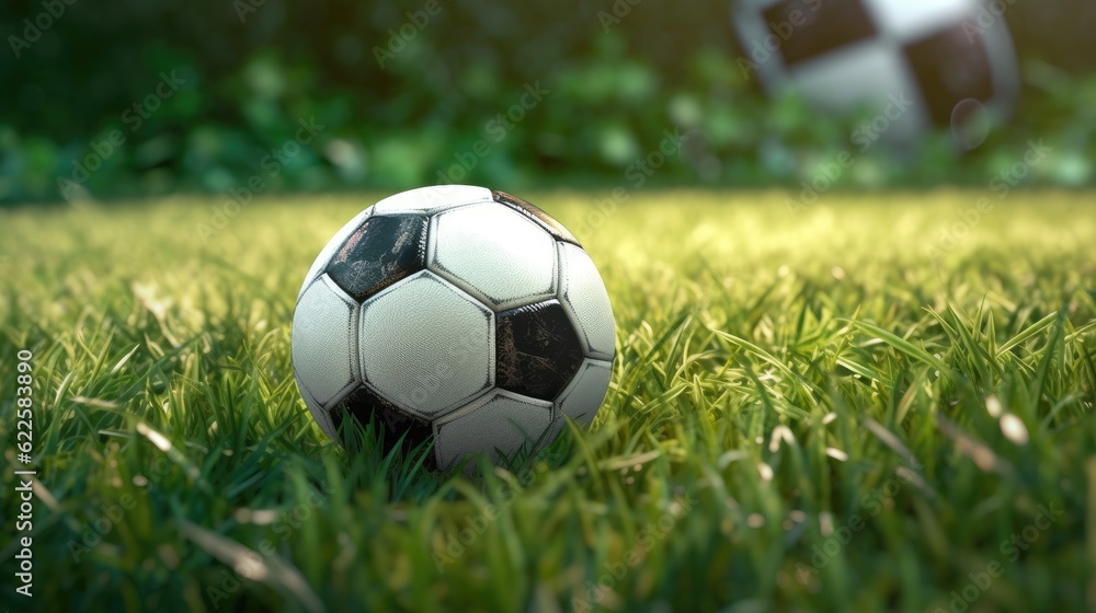 Soccer ball on green grass with bokeh background. 3d illustration