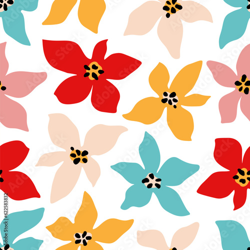Abstract Bright Flower Bold Seamless Pattern. Colorful Organic Floral Shapes Creative Print. Cotemporary Style Vector Illustration. Trendy Bold Daisy Pattern for Wallpaper, Wrapping Paper, Packaging.