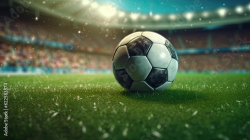 Soccer ball on the field of the stadium. 3D rendering. © Ali