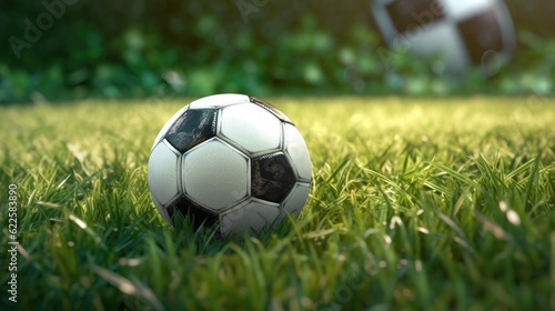Soccer ball on green grass with bokeh background. 3d illustration © Ali