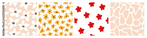 Abstract Bright Tiny Flower Seamless Pattern Big Set. Colorful Organic Floral Shapes Creative Print. Vector Illustration. Trendy Bold Daisy, Poppies Pattern for Wallpaper, Wrapping Paper, Packaging.