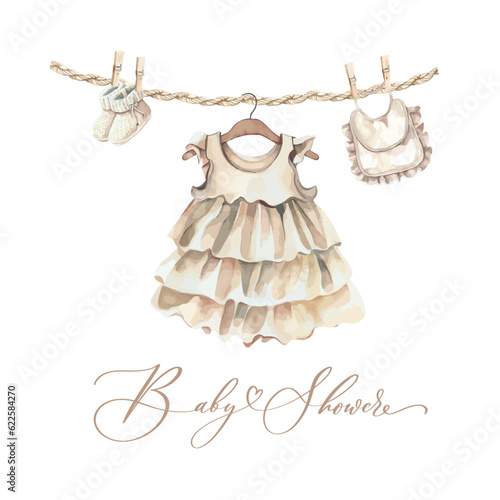 Cute baby shower watercolor invitation card for baby and kids new born celebration with baby clothes.