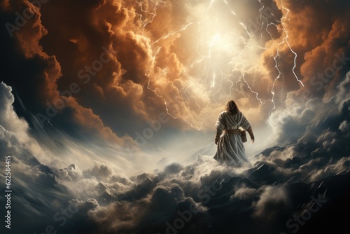 Miraculous Journey: Jesus Defying Gravity, Walking on Water Amidst Stormy Clouds Across the Vast Sea of Galilee Generative AI