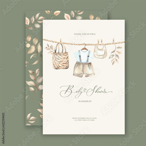 Cute baby shower watercolor invitation card for baby and kids new born celebration with baby clothes.