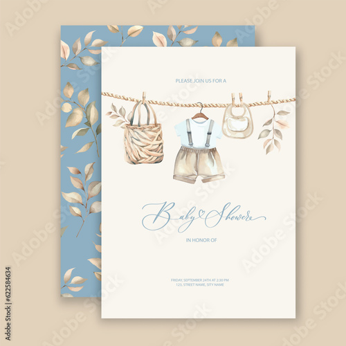 Cute baby shower watercolor invitation card for baby and kids new born celebration with baby clothes.