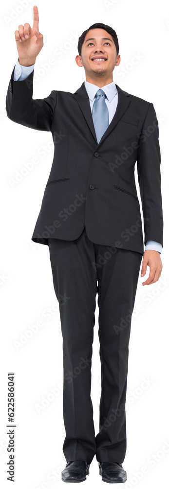 Digital png photo of happy asian businessman showing index finger on transparent background Digital png photo of happy asian businessman showing index finger on transparent background