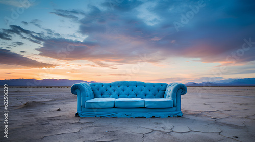 sofa on sand, mountain landscape, stage concept. Scene for Fashion shots