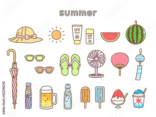 ポップでかわいい手描き夏小物イラストセット