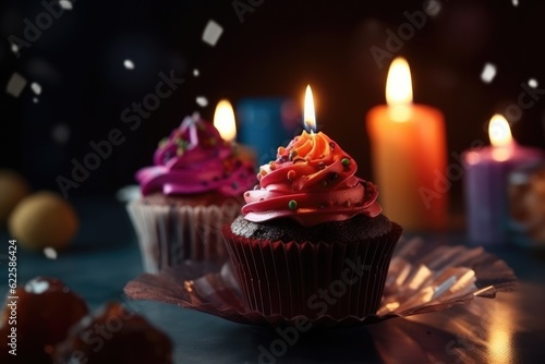 Birthday cupcake with candle and decoration. Generative AI
