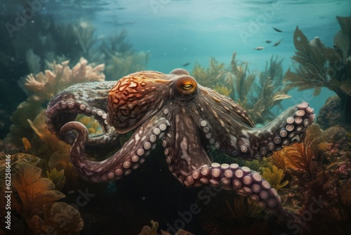 Big octopus on the deep of the sea with corals. Generative AI