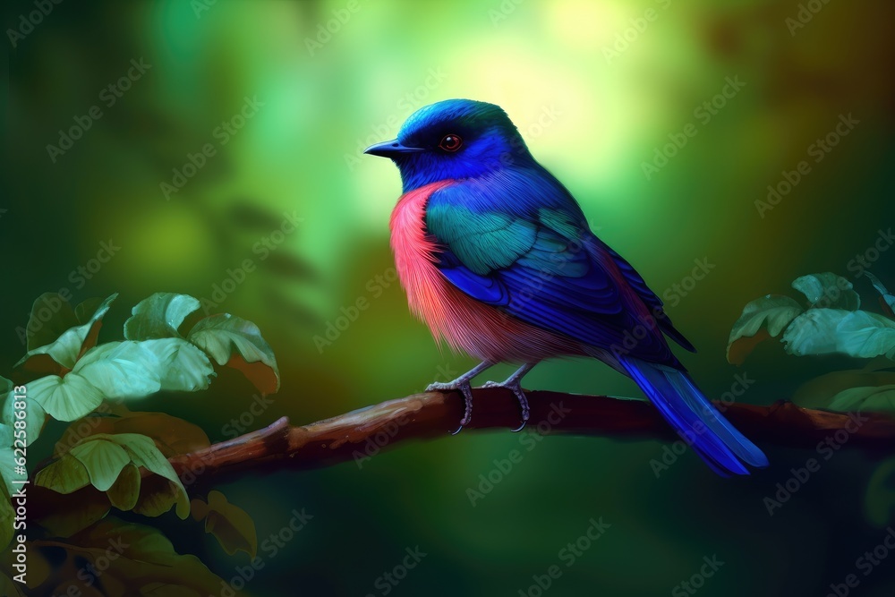 Bute blue, green and pink bird on a branch with a natural background. Generative AI