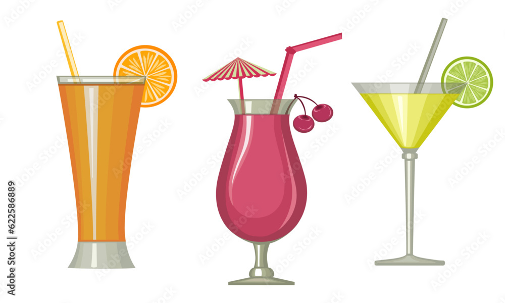 Summer cocktails, cherry, orange and lime fruit drinks in a cocktail glass, vector template, design elements. Summer cocktails, cherry, orange and lime fruit drinks in a cocktail glass, vector template, design elements.