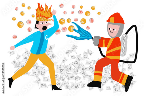 Eurozone inflation is at a record high, illustrated by a man wearing the euro on fire. The fire department as the Central Bank helps put out the fire.