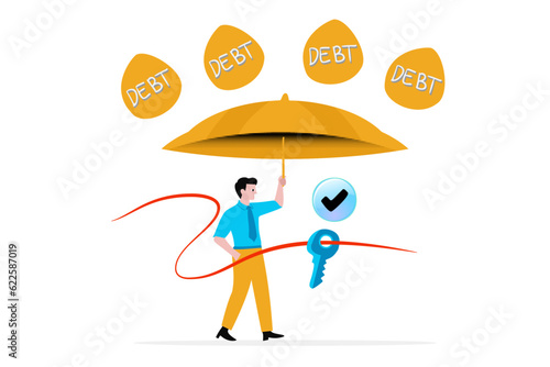 A young businessman protected from the threat of debt and economic problems with big umbrella and key support from insurance, the government and his partners