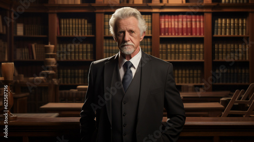 Portrait of a senior businessman, lawyer, judge, rector in library, artistocrat, refined, respectful, portrait style
