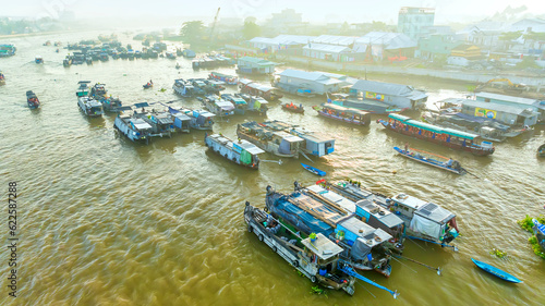 Cai Rang floating market, Can Tho, Vietnam, aerial view. Cai Rang is famous market in mekong delta, Vietnam. © huythoai