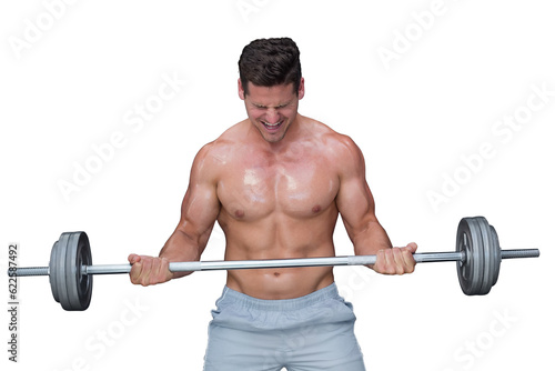 Digital png photo of caucasian muscular man lifting weight bar on transparent background