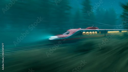 Red High Speed Train Through Dense Forest at Night with Full Moon and Starry Sky