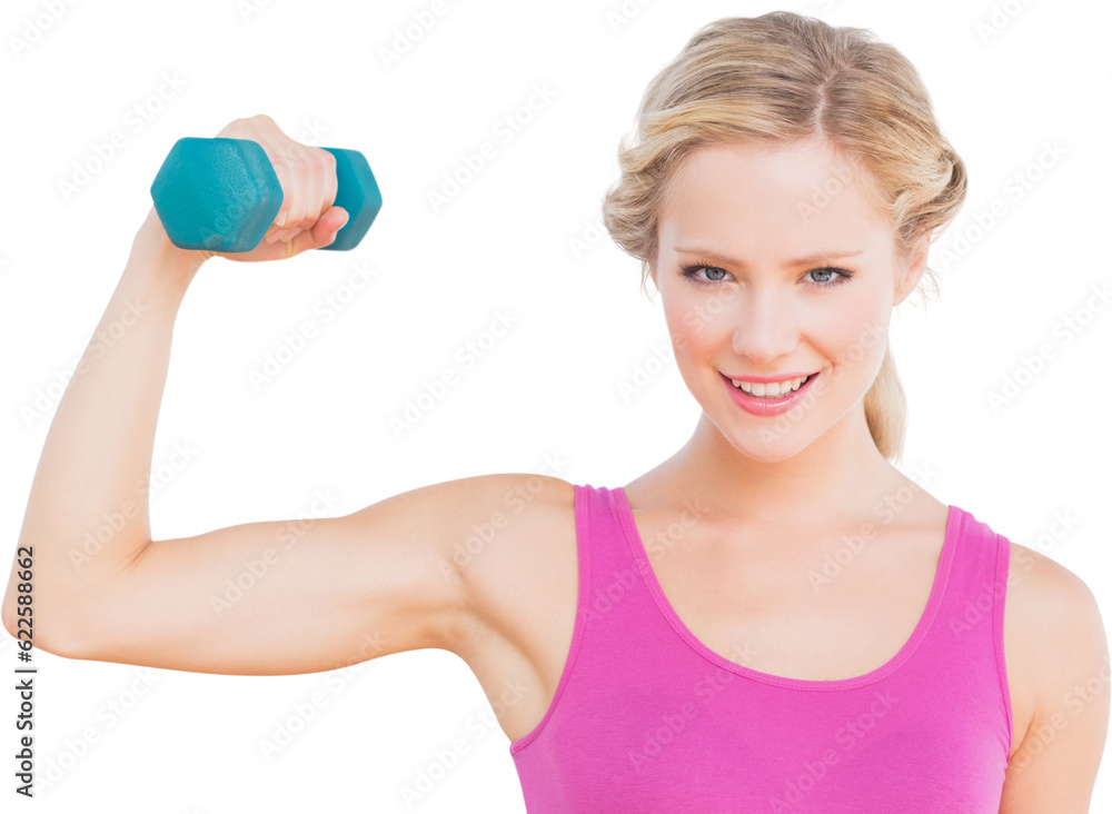 Digital png photo of caucasian woman in sport outfit lifting dumbbell on transparent background Digital png photo of caucasian woman in sport outfit lifting dumbbell on transparent background