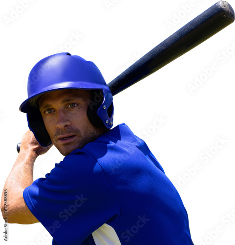 Digital png photo of caucasian baseball player holding baseball bat on transparent background