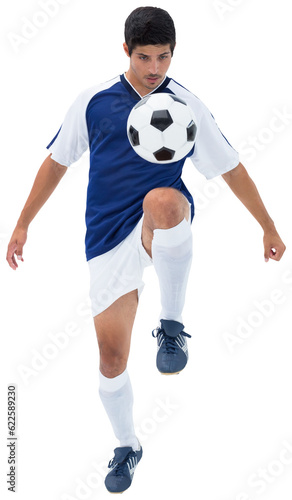 Digital png photo of caucasian male soccer throwing football on transparent background