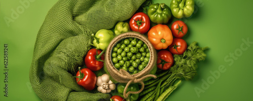 Top view of vegetables  vegan diet  green background. Generative AI