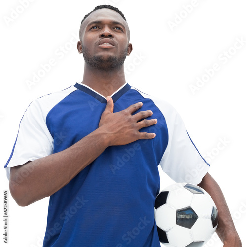 Digital png photo of african american male football player with football on transparent background