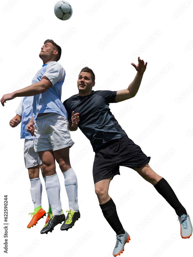 Digital png photo of caucasian male soccer players catching ball on transparent background