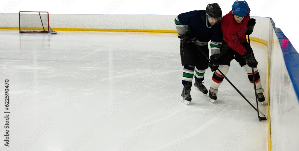 Obraz premium Digital png photo of caucasian male hockey players at ice rink on transparent background