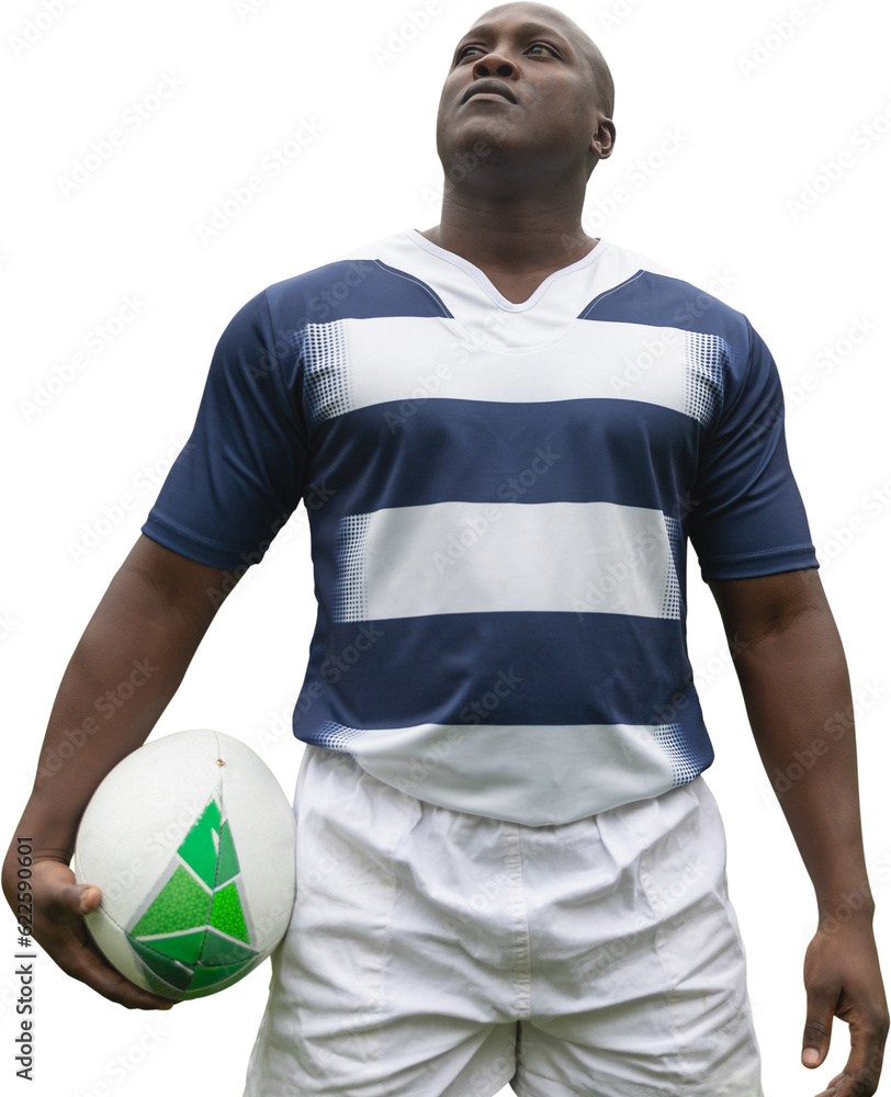 Φωτογραφία Digital png photo of african american male rugby player holding rugby ball on tr